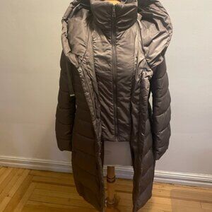 Tahari taupe hooded twofer puffer coat with attached mock neck vest
